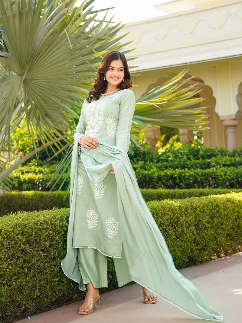 Women green viscose solid embroidered straight kurta palazzo with dupatta