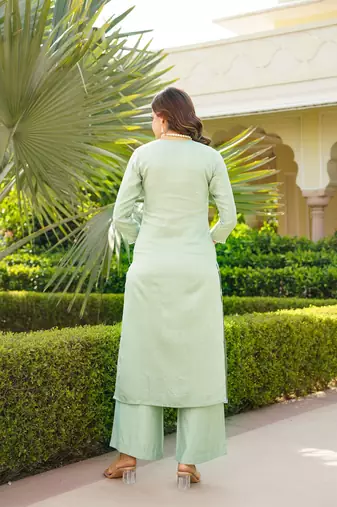 Women green viscose solid embroidered straight kurta palazzo with dupatta