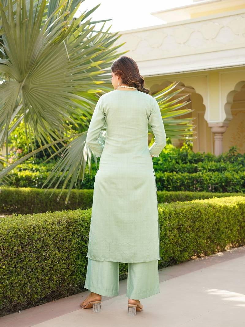 Women green viscose solid embroidered straight kurta palazzo with dupatta