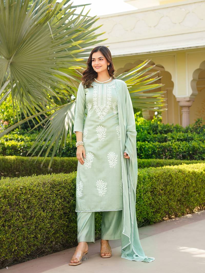 Women green viscose solid embroidered straight kurta palazzo with dupatta