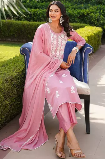 Women pink viscose solid embroidered straight kurta palazzo with dupatta