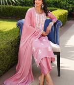 Women pink viscose solid embroidered straight kurta palazzo with dupatta