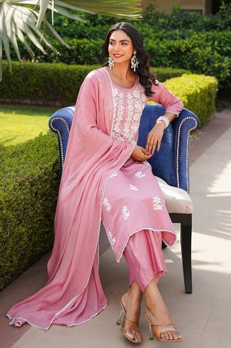 Women pink viscose solid embroidered straight kurta palazzo with dupatta