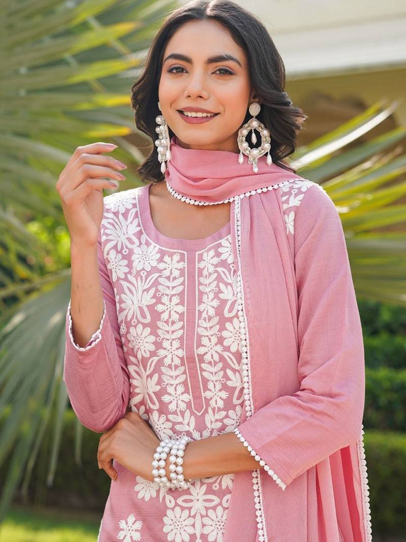 Women pink viscose solid embroidered straight kurta palazzo with dupatta