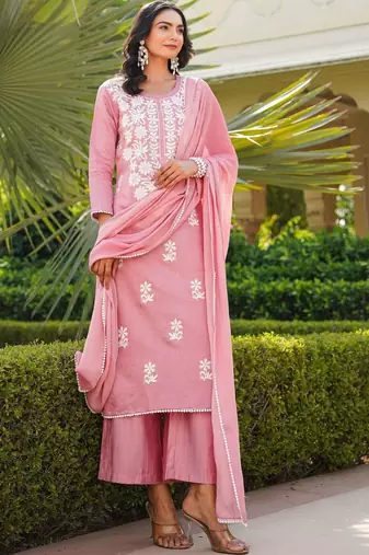 Women pink viscose solid embroidered straight kurta palazzo with dupatta