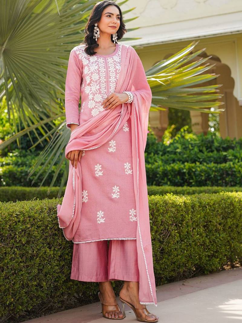 Women pink viscose solid embroidered straight kurta palazzo with dupatta