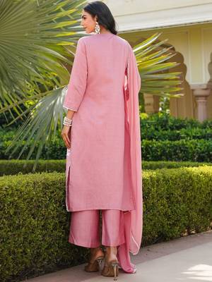 Women pink viscose solid embroidered straight kurta palazzo with dupatta 4
