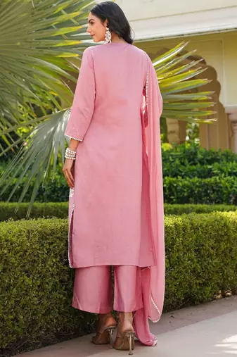 Women pink viscose solid embroidered straight kurta palazzo with dupatta