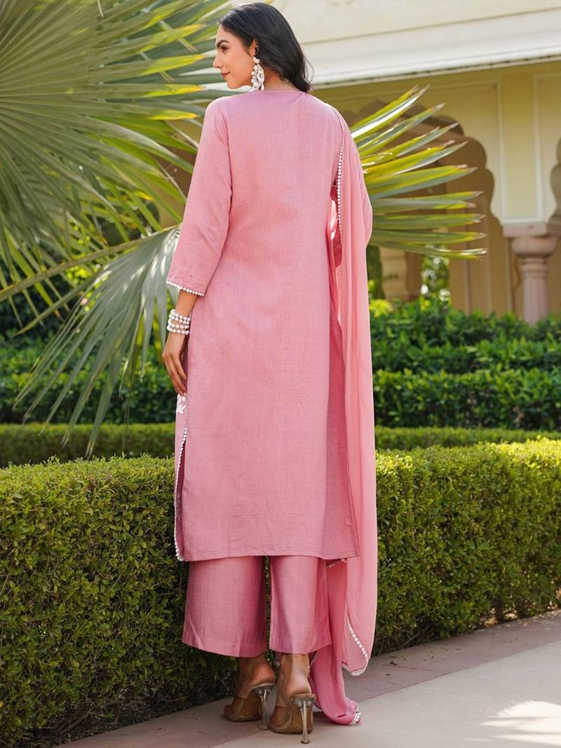 Women pink viscose solid embroidered straight kurta palazzo with dupatta