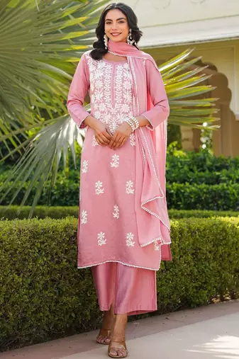 Women pink viscose solid embroidered straight kurta palazzo with dupatta