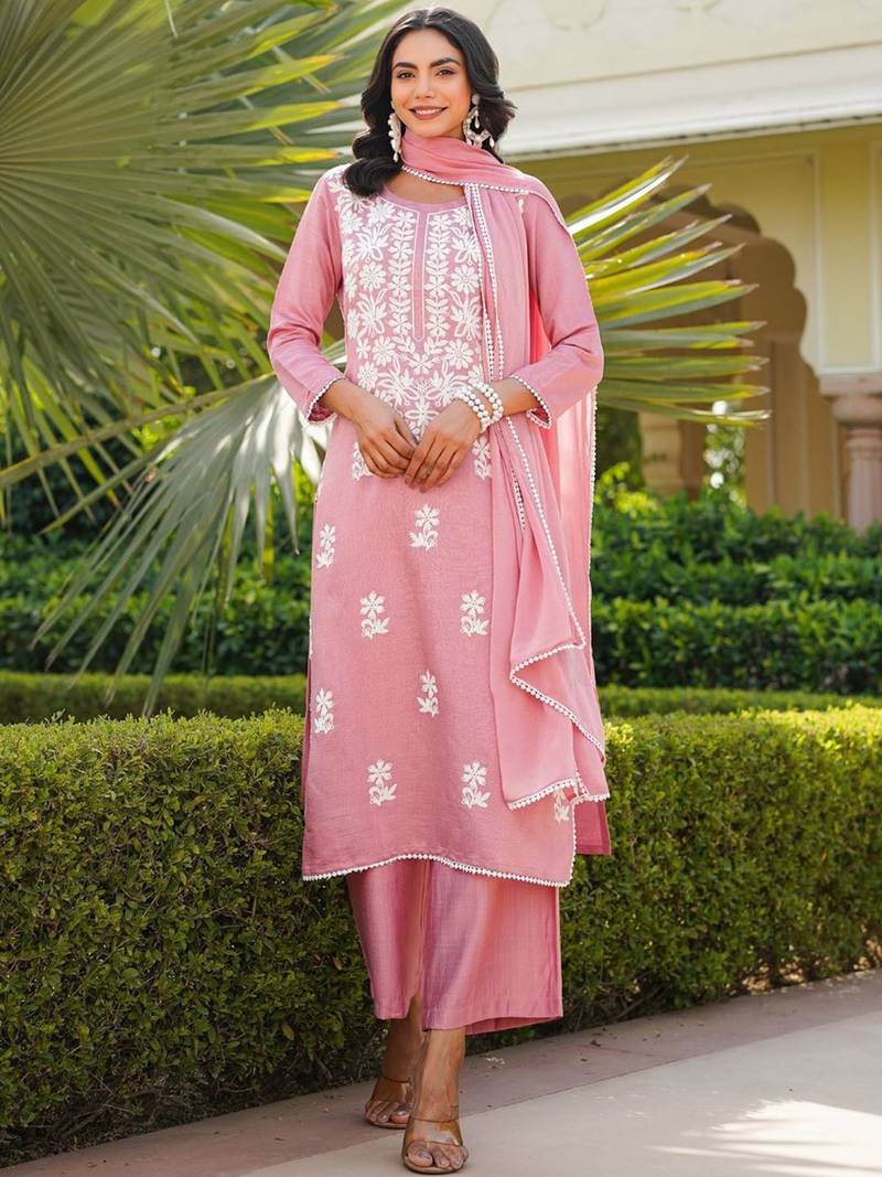 Women pink viscose solid embroidered straight kurta palazzo with dupatta