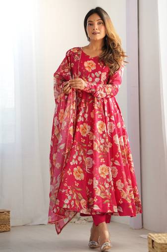Pink floral anarkali suit with dupatta