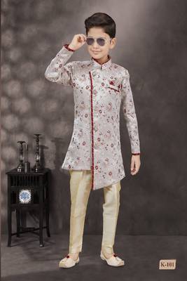 Grey thread work soft jacquard sherwani 1