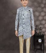 Blue thread work soft jacquard sherwani
