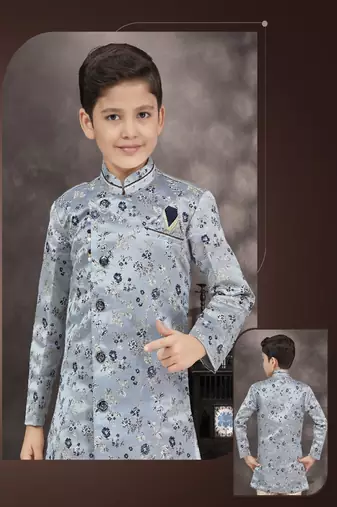 Blue thread work soft jacquard sherwani