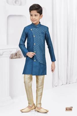 Blue printed silk indo western sherwani 1