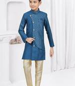 Blue printed silk indo western sherwani