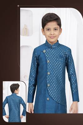 Blue printed silk indo western sherwani 2