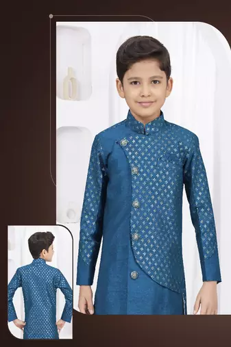 Blue printed silk indo western sherwani