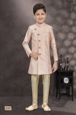 Peach printed silk indo western sherwani 1