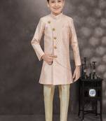 Peach printed silk indo western sherwani