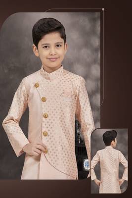 Peach printed silk indo western sherwani 2