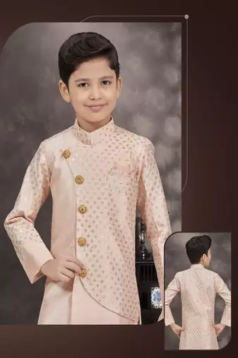Peach printed silk indo western sherwani