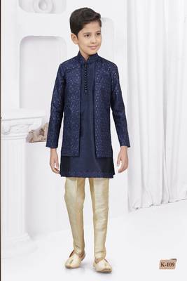 Navy blue embroidered & printed jacket style sherwani 1