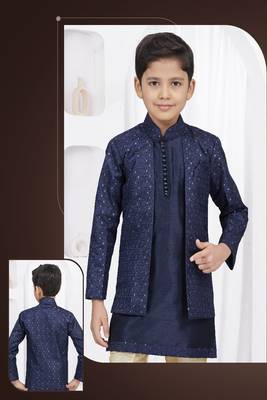 Navy blue embroidered & printed jacket style sherwani 2