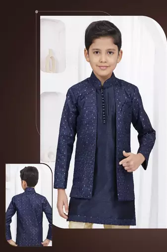 Navy blue embroidered & printed jacket style sherwani