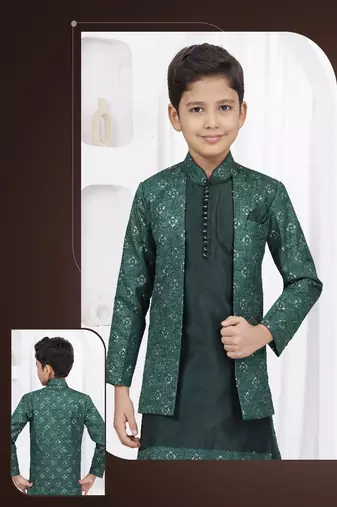 Green embroidered & printed jacket style sherwani
