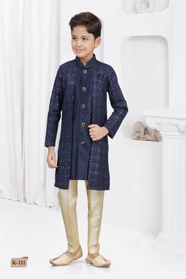 Navy blue sequin embroidered jacket style sherwani 1