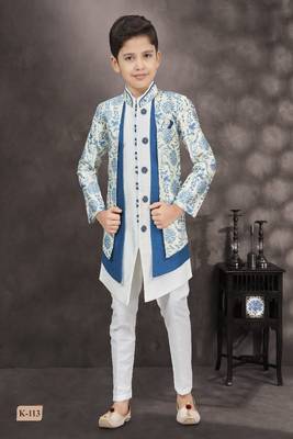 Blue floral printed jacket style sherwani 1