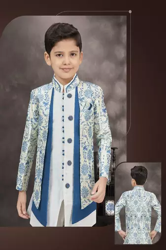 Blue floral printed jacket style sherwani