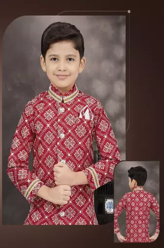 Red floral printed sherwani