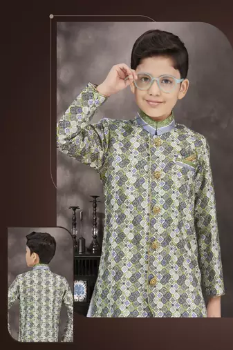 Green & cream block printed sherwani