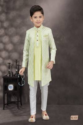 Sea green thread work  kasab zari jacquard sherwani 1