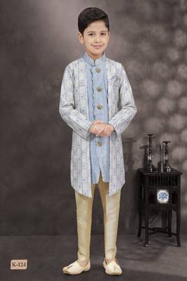Sky blue star digital print work banarasi silk sherwani 1
