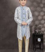 Sky blue star digital print work banarasi silk sherwani