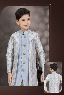 Sky blue star digital print work banarasi silk sherwani 2