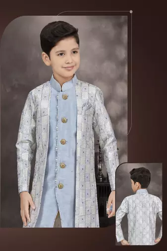 Sky blue star digital print work banarasi silk sherwani
