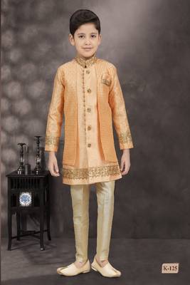 Light orenge thread stone work banarasi silk sherwani 1