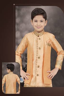 Light orenge thread stone work banarasi silk sherwani 2