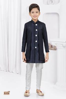 Nevy blue star thread work kasab zari jacquard sherwani 1