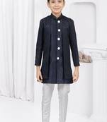 Nevy blue star thread work kasab zari jacquard sherwani