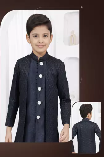 Nevy blue star thread work kasab zari jacquard sherwani