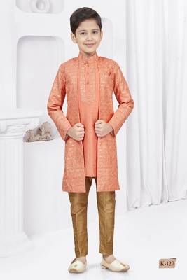 Dark orange thread stone work banarasi silk sherwani 1