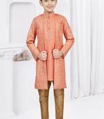 Dark orange thread stone work banarasi silk sherwani