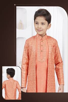 Dark orange thread stone work banarasi silk sherwani 2