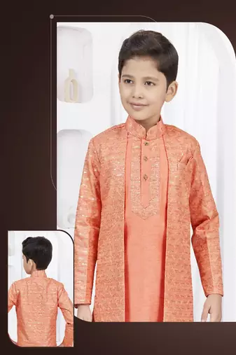 Dark orange thread stone work banarasi silk sherwani